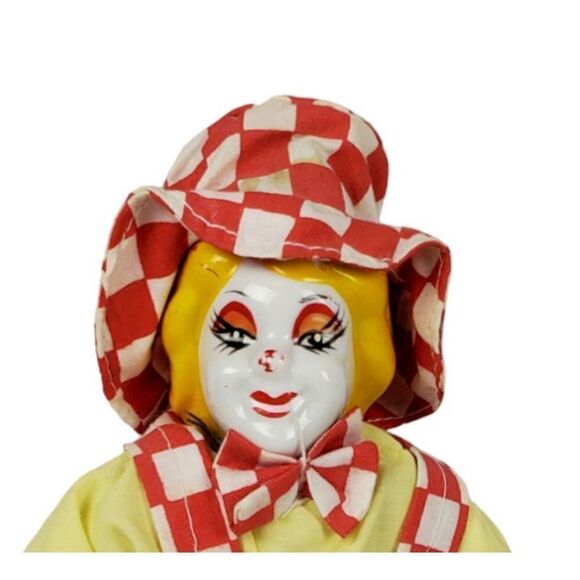 Clown Doll with Hat 9" Figurine Green Hands And Feet Red Checkered Overalls - Picture 5 of 10
